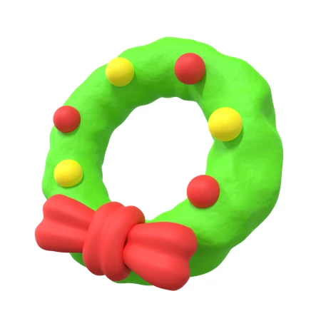 3D clay Christmas wreath with red bow and ornaments