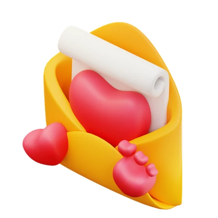 3D render of open yellow envelope with red hearts