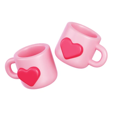 Two 3D pink mugs with red hearts