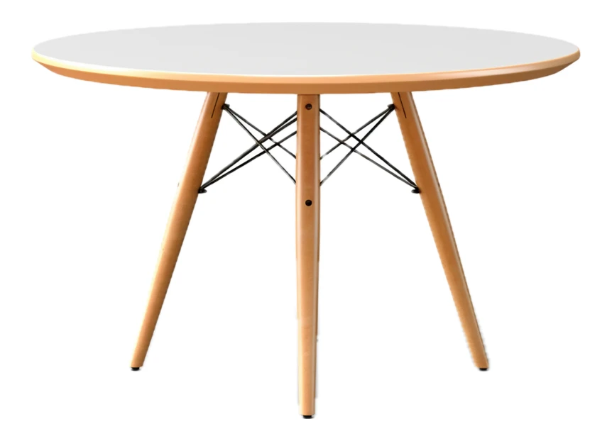 Modern round dining table with white top and wooden legs
