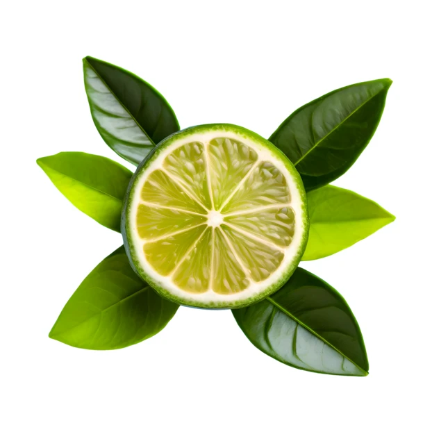 Fresh lime slice with green leaves isolated on white
