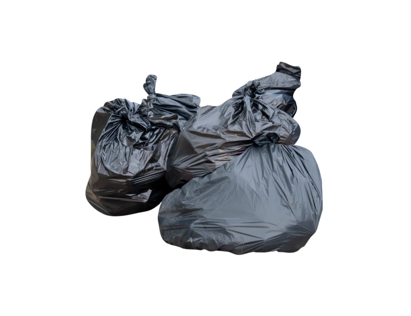 Three full black plastic trash bags isolated on white background