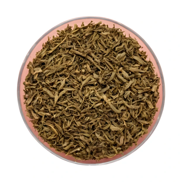 Overhead view of dried thyme leaves in a bowl