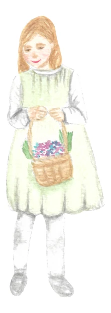 Watercolor illustration of a girl holding a flower basket