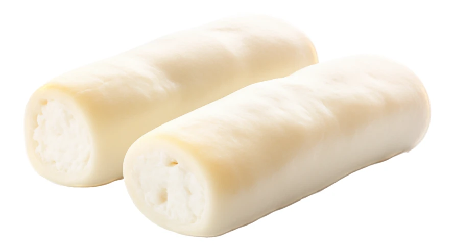 Two cream filled white crepe rolls on white background