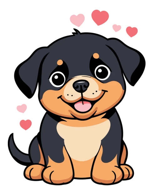 Cute cartoon Rottweiler puppy with hearts illustration