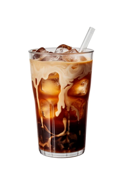 Iced coffee with cream swirl in glass with straw