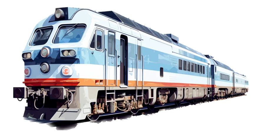 Blue and white passenger train illustration on white background