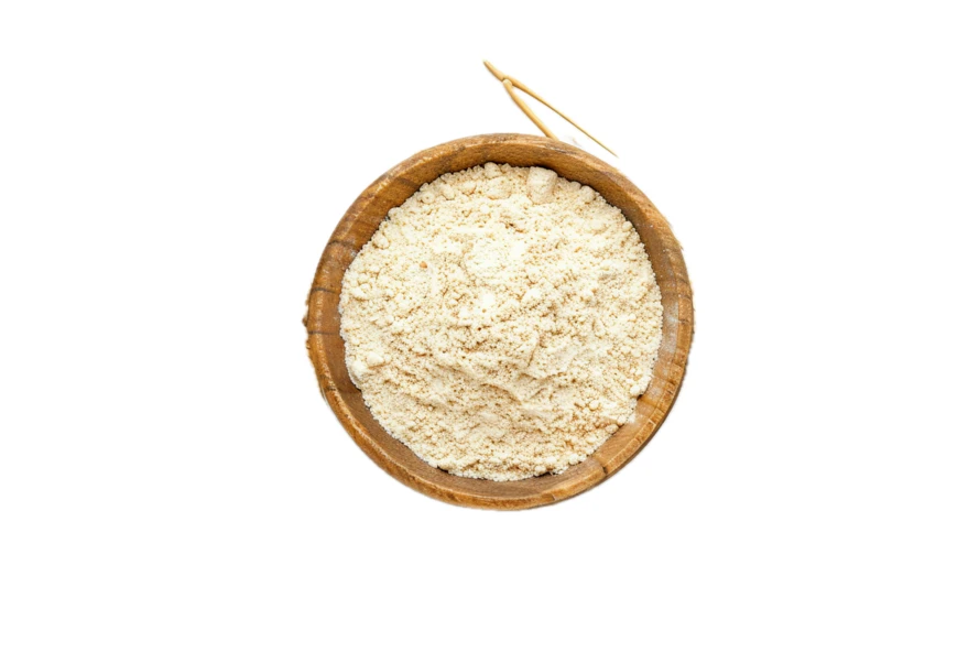 Organic powder in a rustic wooden bowl on white background