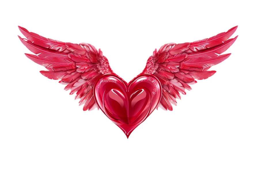 Red glossy heart with spread wings isolated on white