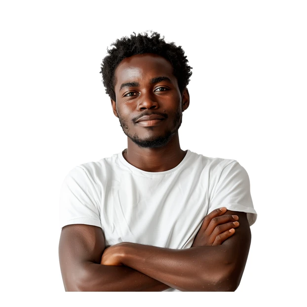 Confident young Black man with arms crossed isolated on white