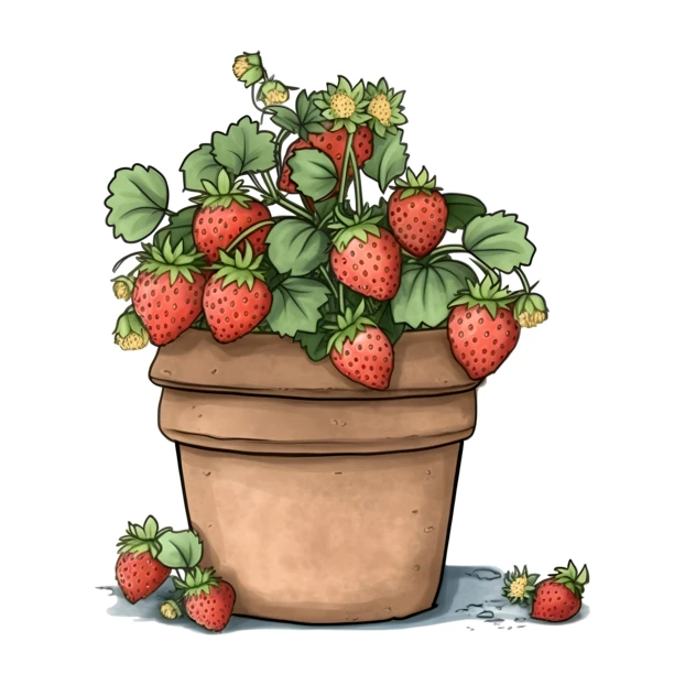 Illustration of a strawberry plant with fruit in a terracotta pot