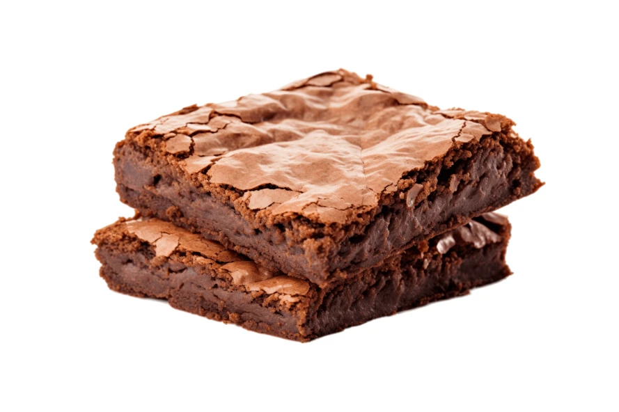 Two homemade chocolate brownies stacked on white background