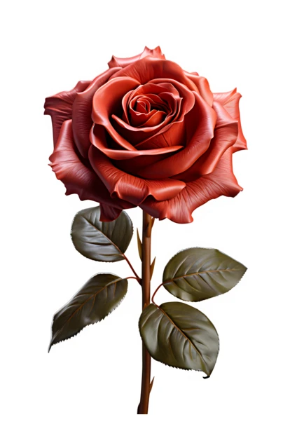 Single red rose flower with leaves isolated on white
