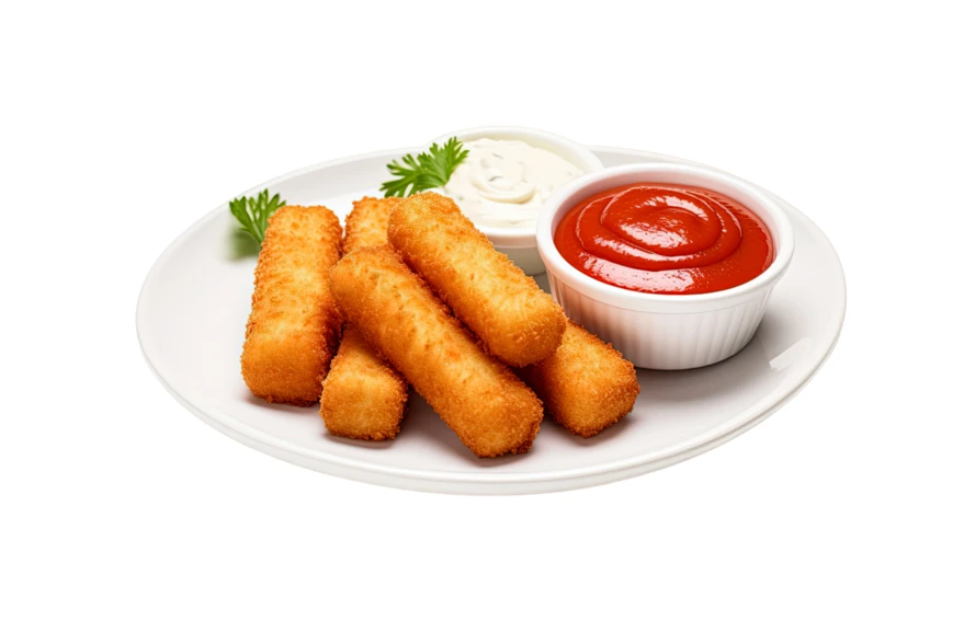 Crispy breaded fish sticks with dipping sauces on white plate