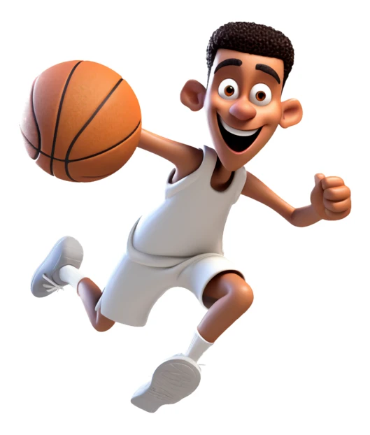 3D cartoon character playing basketball jumping on white background