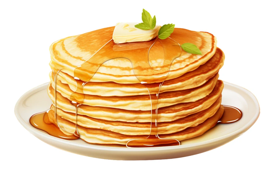 Stack of fluffy pancakes with maple syrup and butter