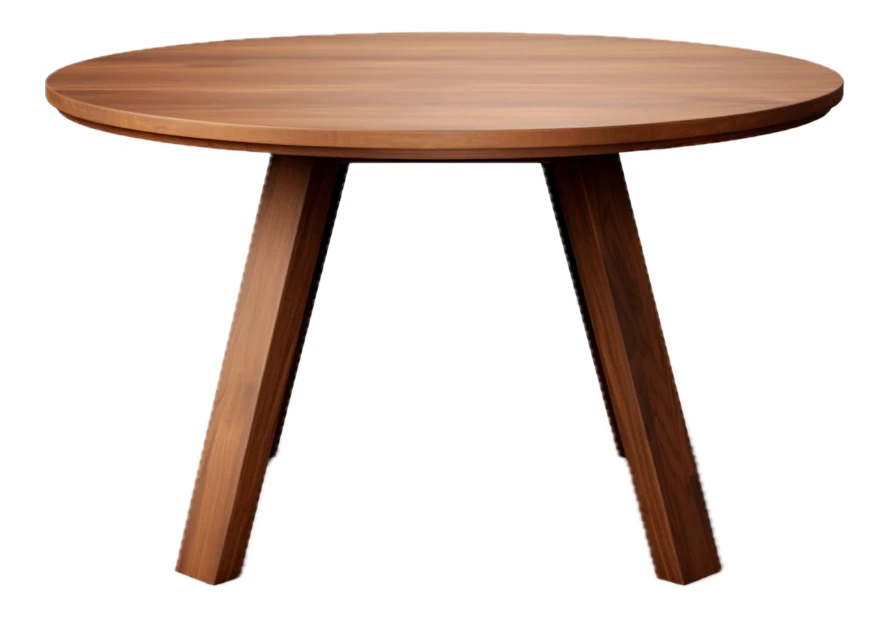 Modern round walnut dining table isolated on white background
