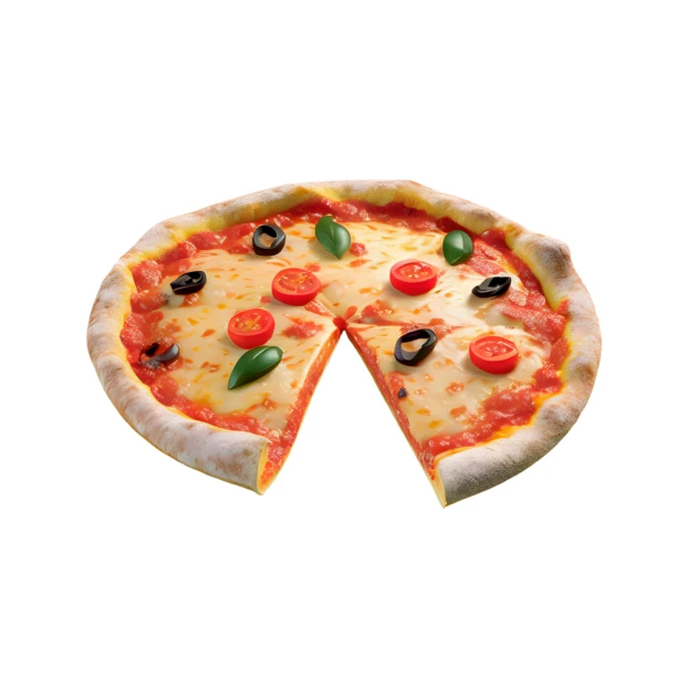 Pizza Margherita with one slice missing isolated on white background