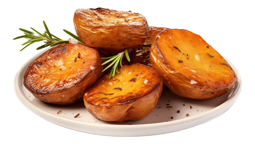 Roasted potato halves with rosemary on white plate