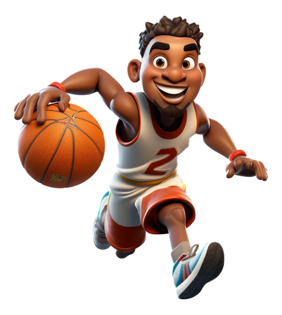 3D cartoon basketball player dribbling ball on white background