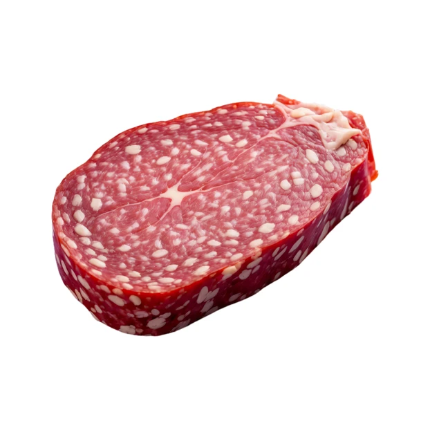 Single slice of dry-cured salami isolated on white