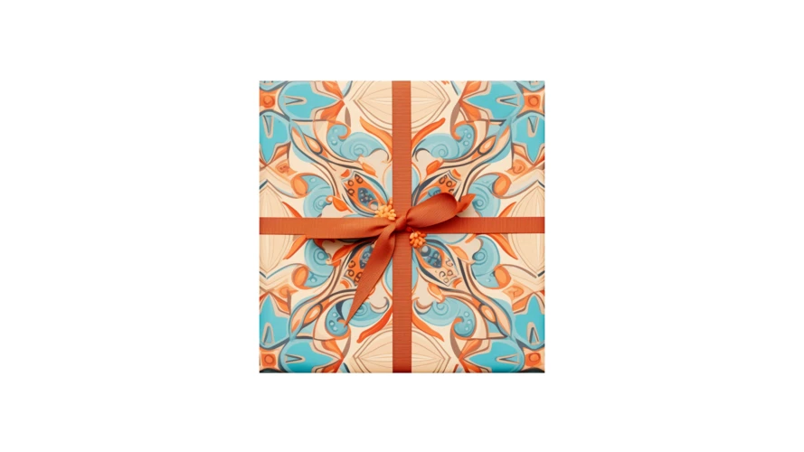 Gift box wrapped in colorful patterned paper with orange ribbon