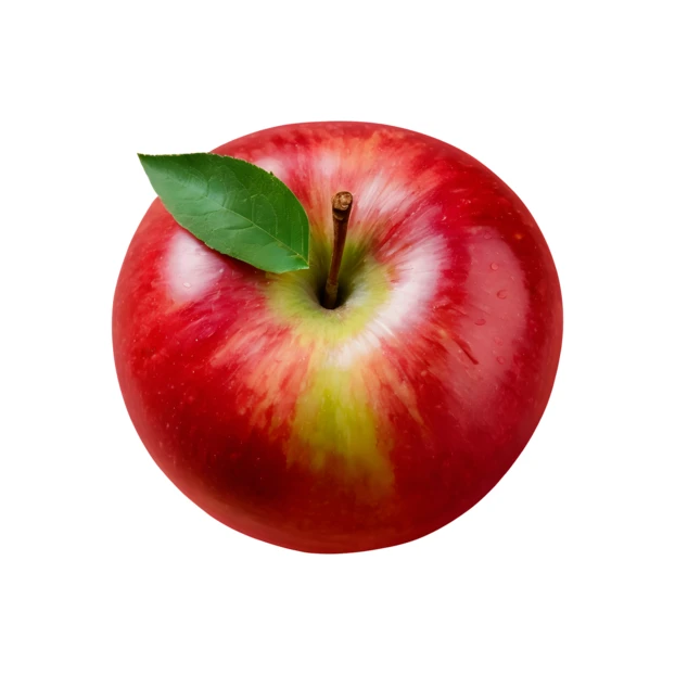 Fresh red apple with green leaf isolated on white background
