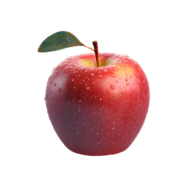 Fresh red apple with water droplets and single leaf