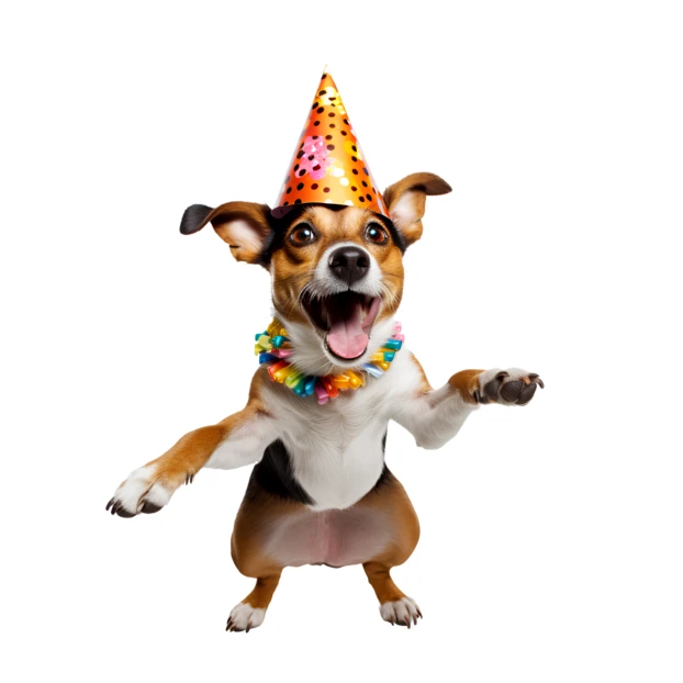 Excited happy dog wearing birthday party hat and lei
