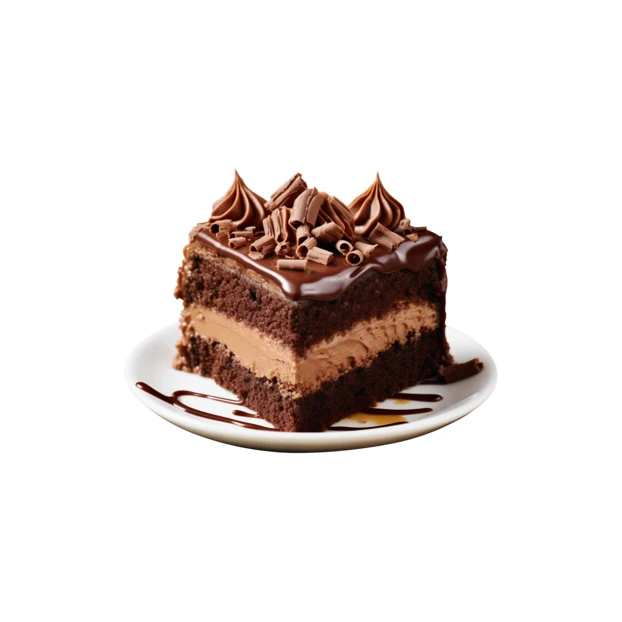 Decadent chocolate cake slice with ganache and shavings