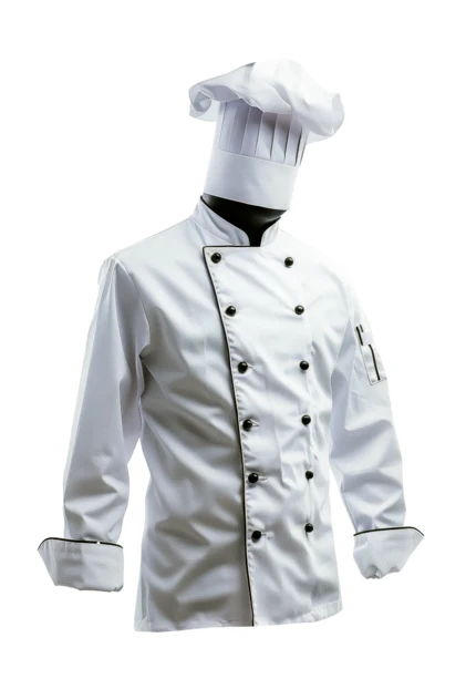 Professional white chef uniform jacket and hat on mannequin
