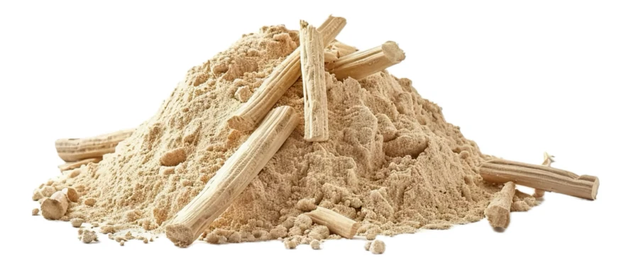 Ashwagandha root powder and dried roots on white background