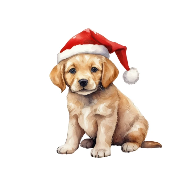 Golden retriever puppy wearing Santa hat on white background