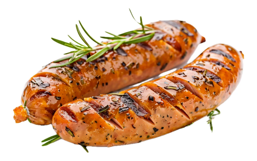 Two grilled sausages with fresh rosemary on white background