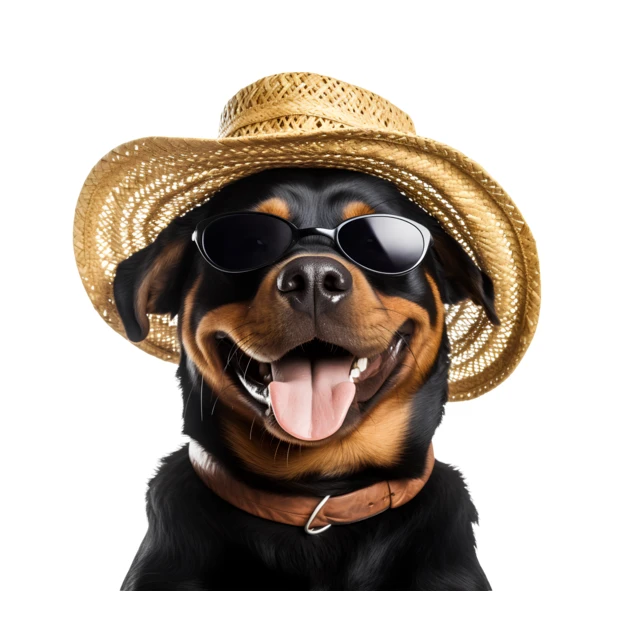 Funny Rottweiler dog wearing sunglasses and a straw hat