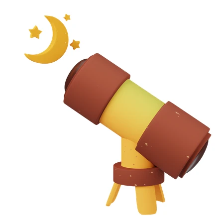3D telescope icon pointing at crescent moon and stars