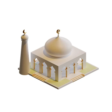 3D minimalist white mosque with golden crescent and minaret
