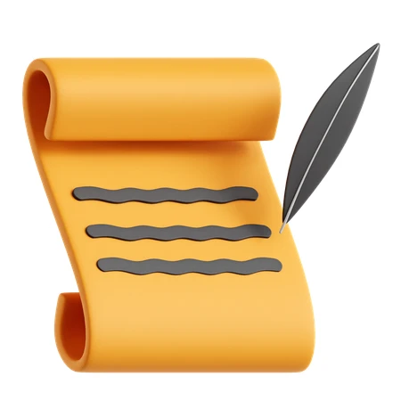3D illustration of an orange paper scroll and quill pen