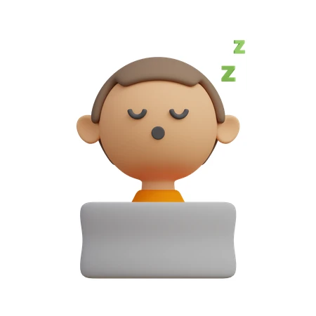 3D character sleeping in front of a laptop