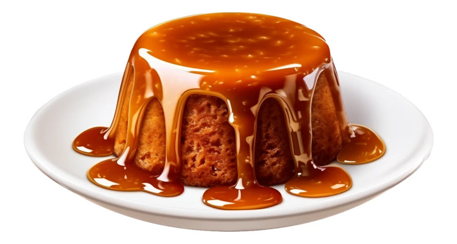 Sticky toffee pudding with caramel sauce on white background
