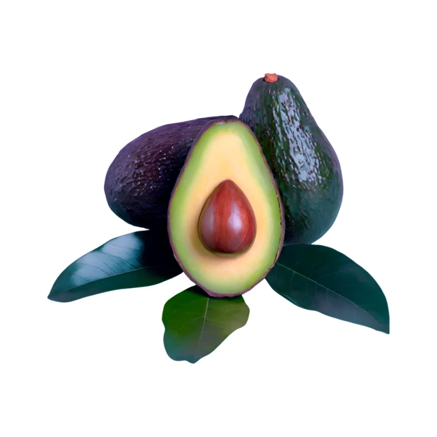 Fresh avocados with green leaves isolated on white background