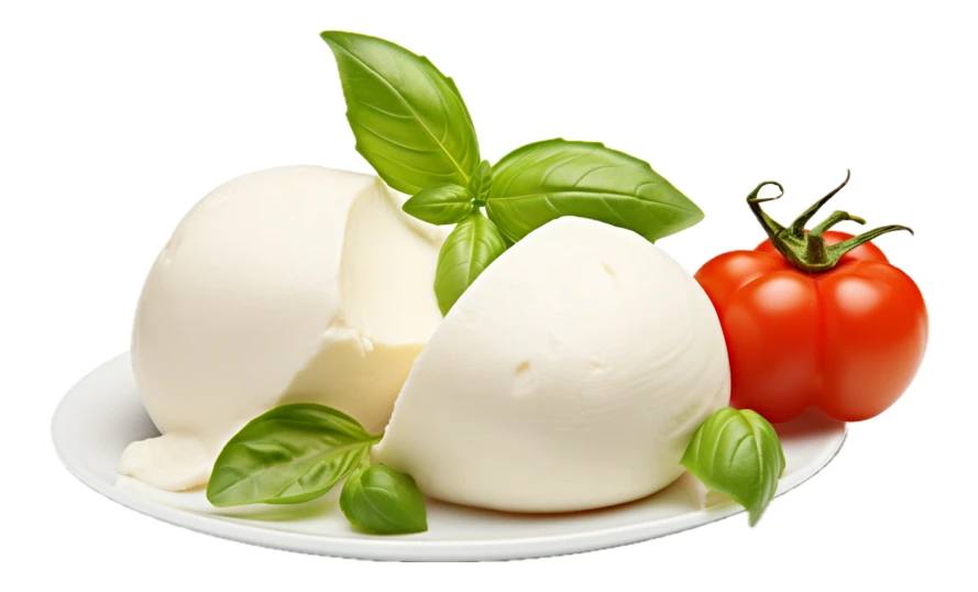 Fresh mozzarella cheese balls with basil and tomato
