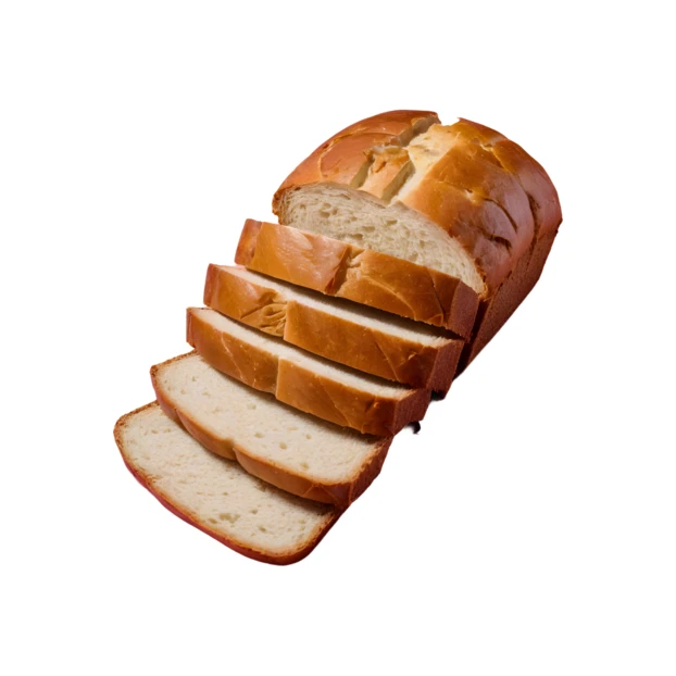 Sliced loaf of fresh white bread on white background