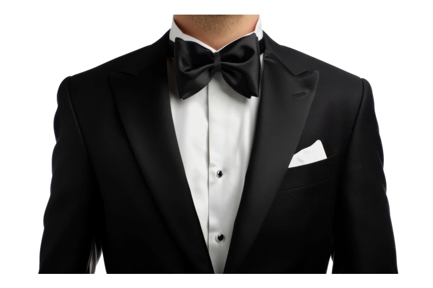 Close-up of man wearing formal black tuxedo and bow tie