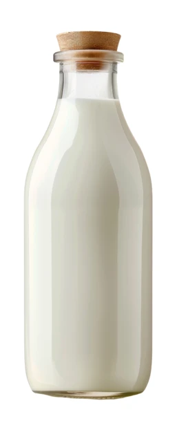 Glass bottle of fresh milk with cork stopper