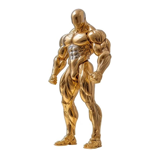 Metallic gold muscular android figure isolated on white background