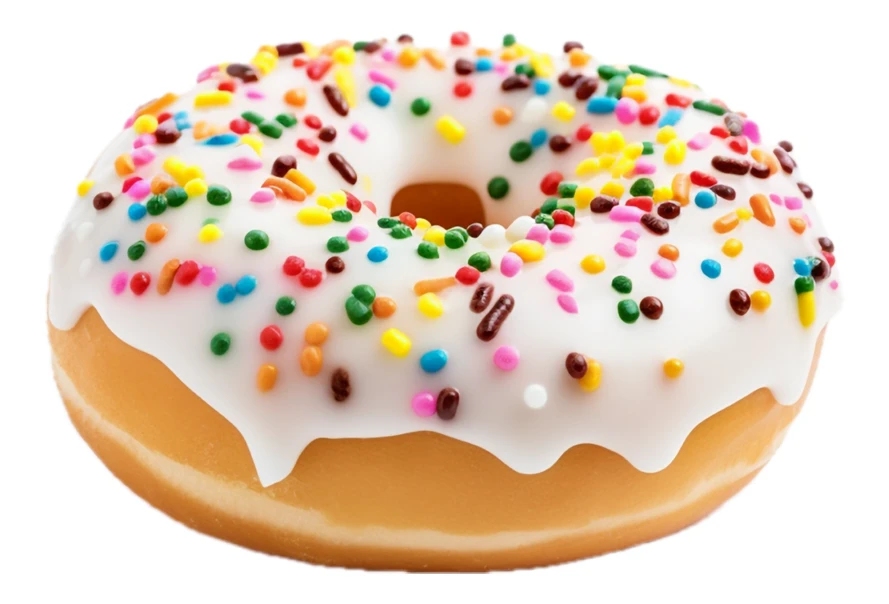 Single glazed donut with white icing and colorful sprinkles