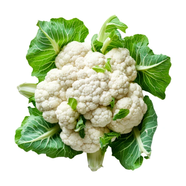 Fresh cauliflower head with green leaves isolated on white background