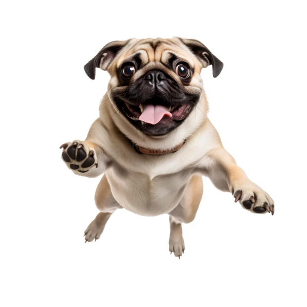 Happy pug dog jumping in air on white background